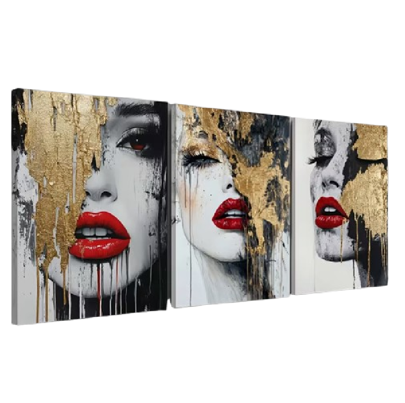 Predator Q1 - obraz SET 3 kusy, zarámované plátno, zlatý list, ženský obličej, abstraktní rty,120cm x 60cm