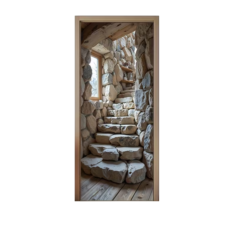 Predator Q1 - samolepící foto tapeta 2D na dveře, rustikální styl kamenné schody